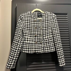Mango Black and White Houndstooth Double-Breasted Jacket